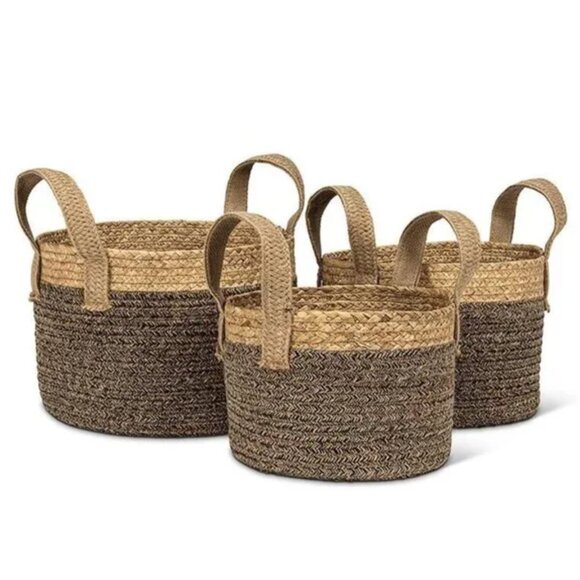 (Set of x3) Round Handled Baskets - Jute/Cotton Baskets for Linens / Plants - Picture 1 of 8
